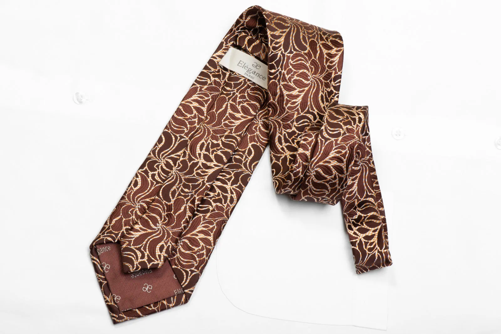 Rhinestone Silk Necktie Floral On Brown With Silver Sparkles