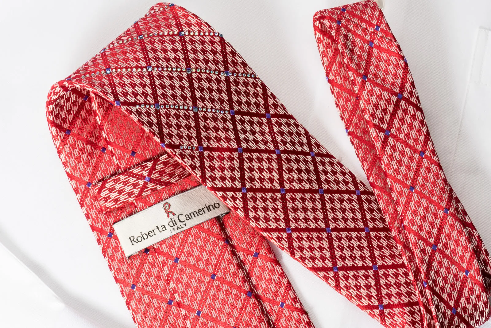 Roberta di Camerino Silk Tie Checker On Red With Silver Sparkles