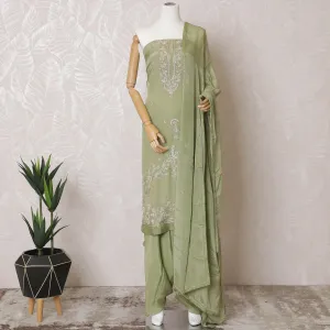 Sage green Premium pure silk crepe kameez with same tone embroidery and bead work in floral design. Sage green Plain salwar with same tone chiffon dupatta having same tone embroidery and stone work-D15571