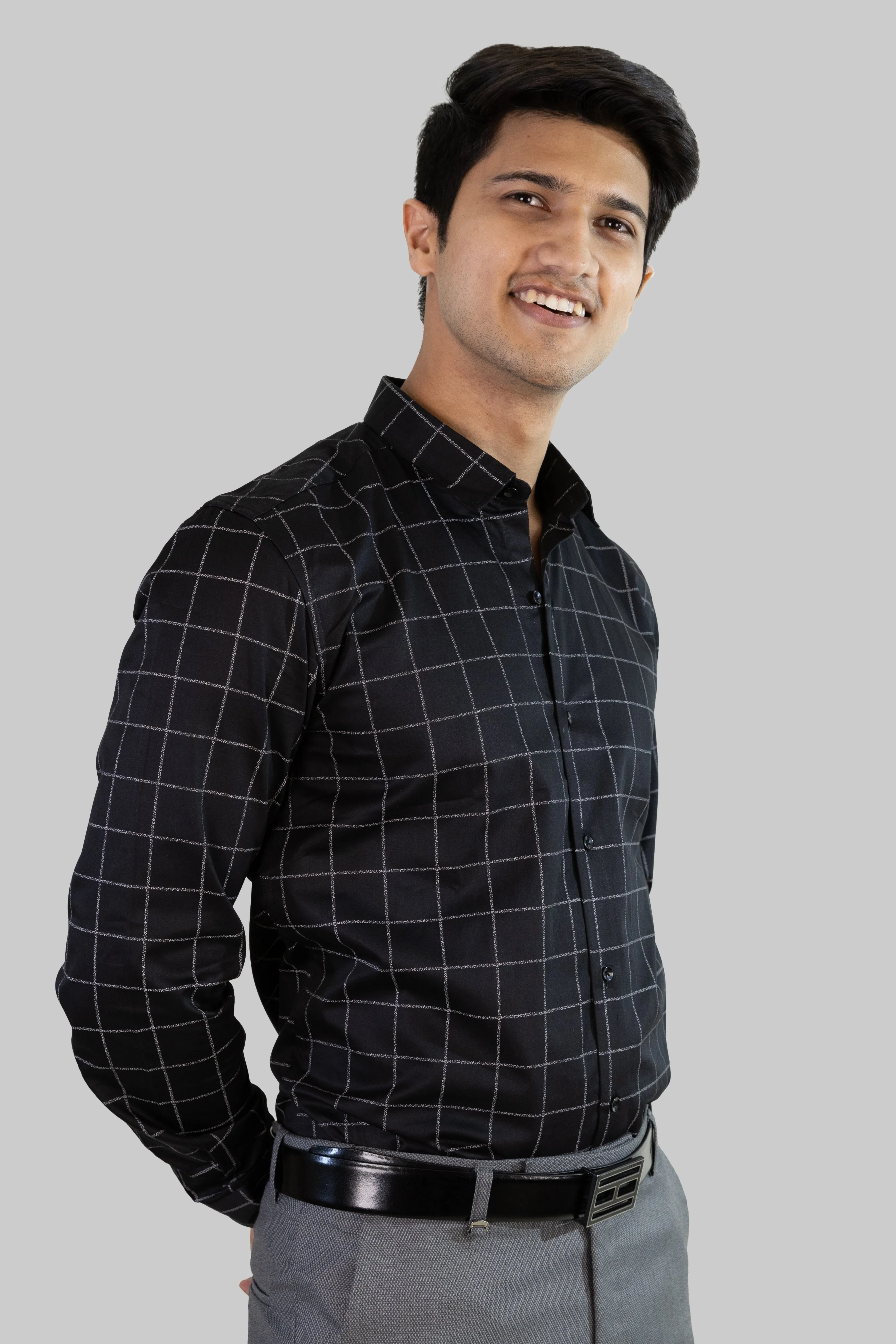 Satin Grid Shirt - Black