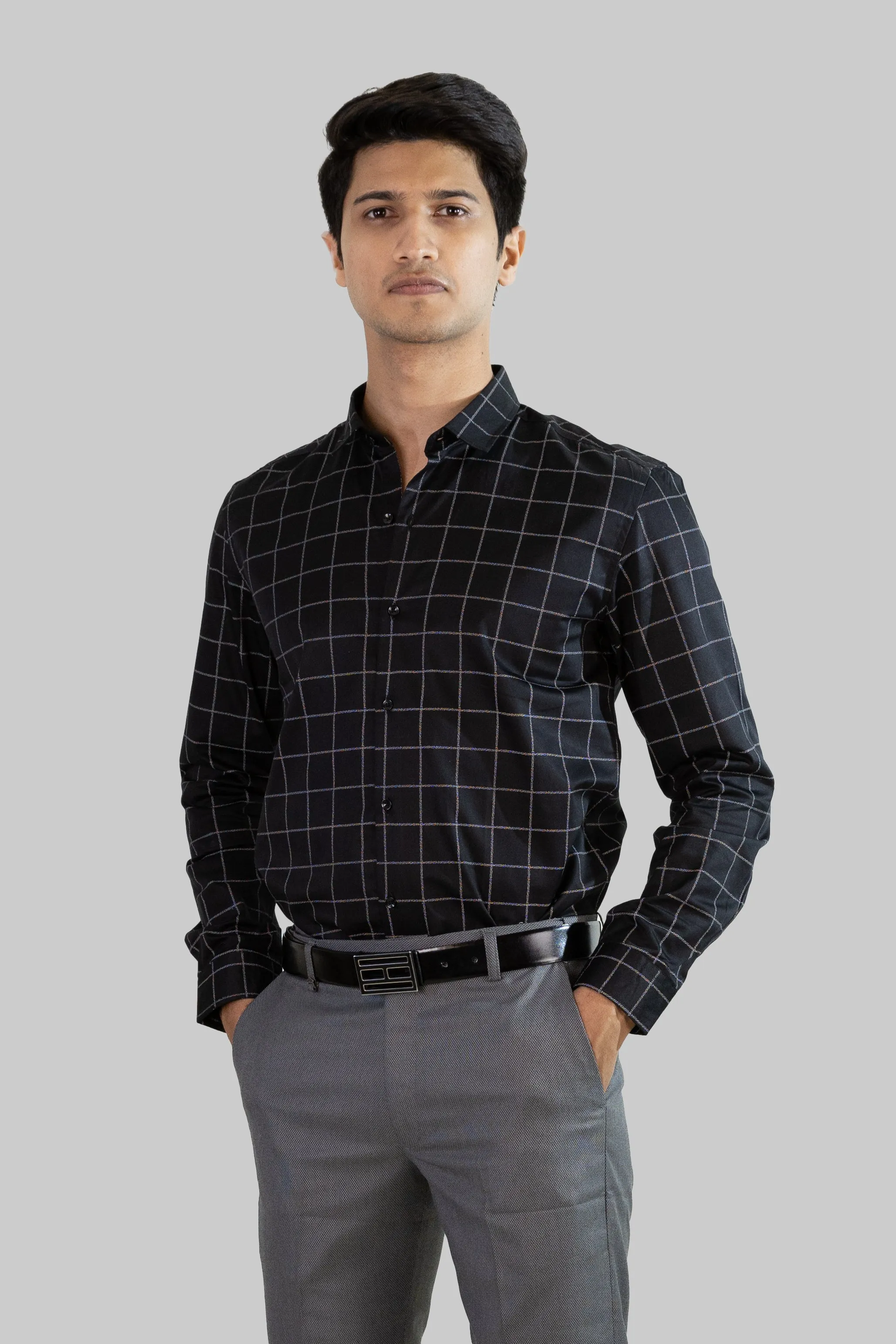 Satin Grid Shirt - Black