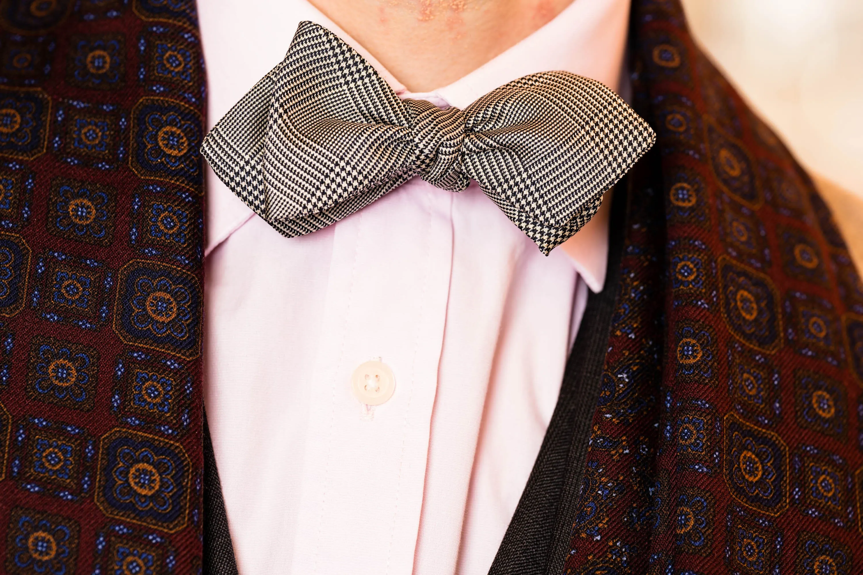 Silk Bow Tie in Black and White Glen Check - Pointed End