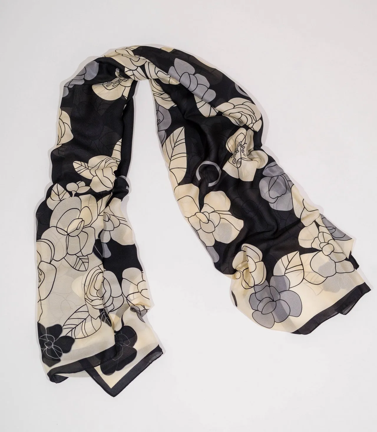 Silk Scarf in Black and White Floral Print