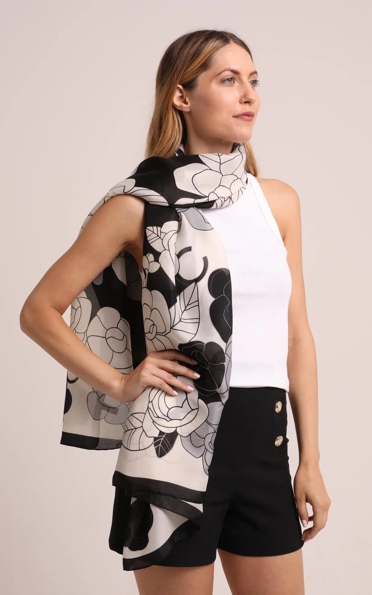 Silk Scarf in Black and White Floral Print