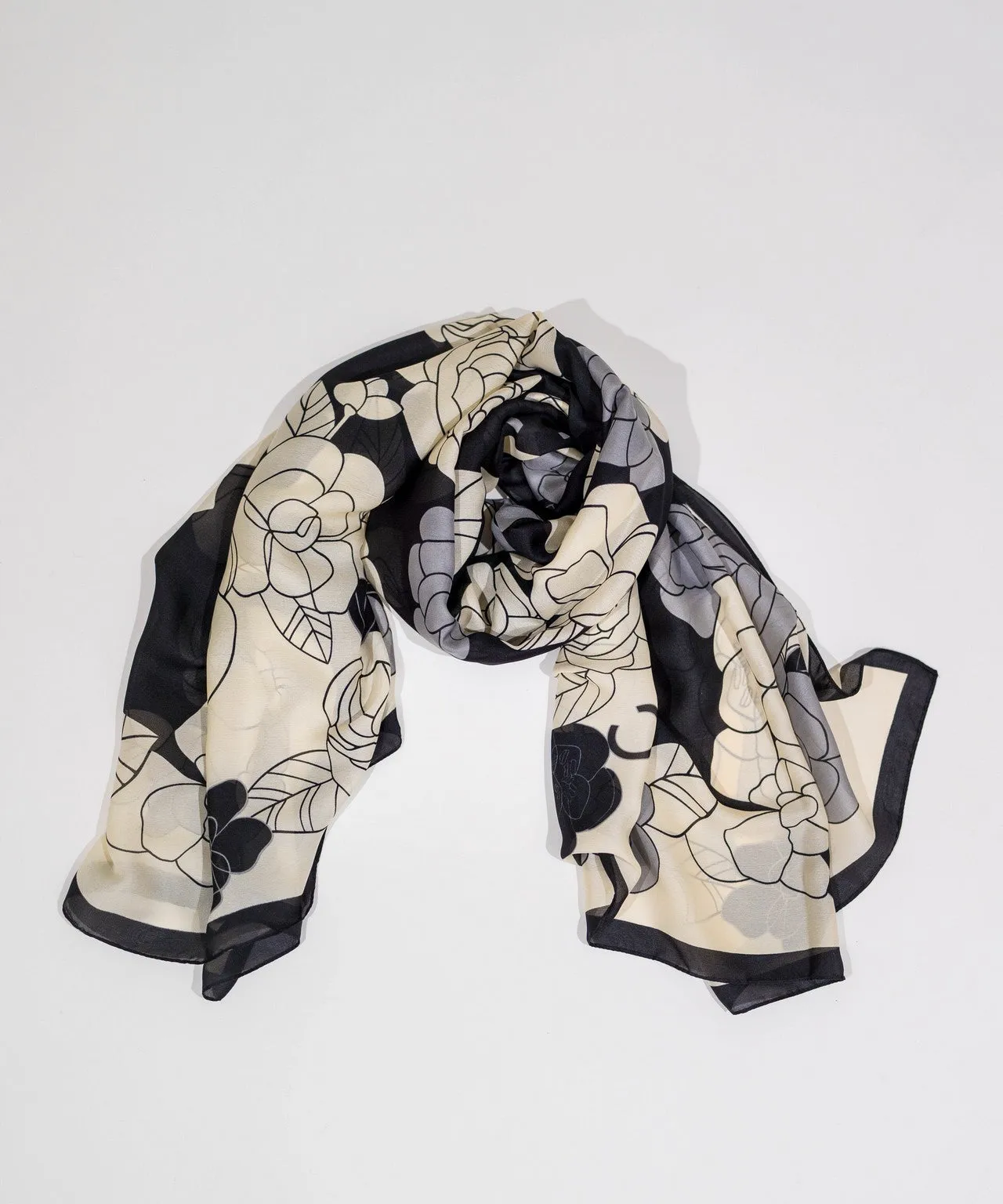 Silk Scarf in Black and White Floral Print
