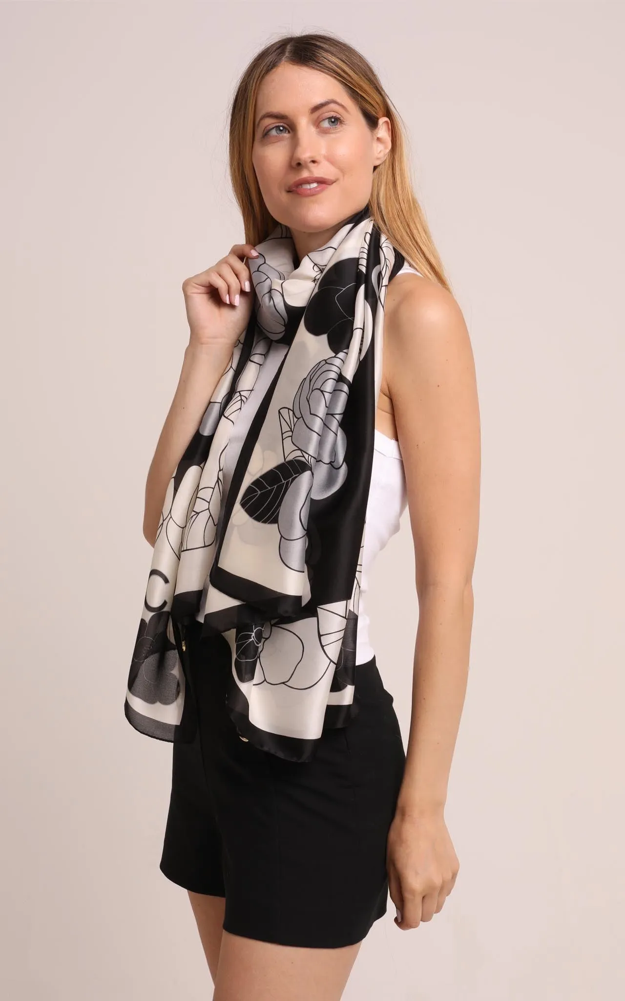 Silk Scarf in Black and White Floral Print