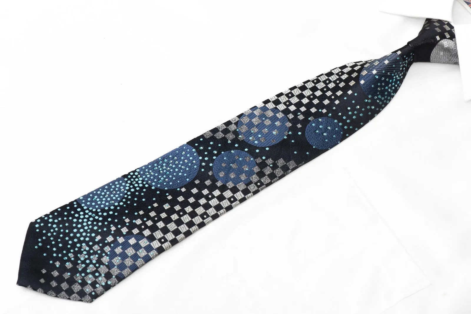 Silver Blue geometric On Navy Rhinestone Silk Tie With Sparkles
