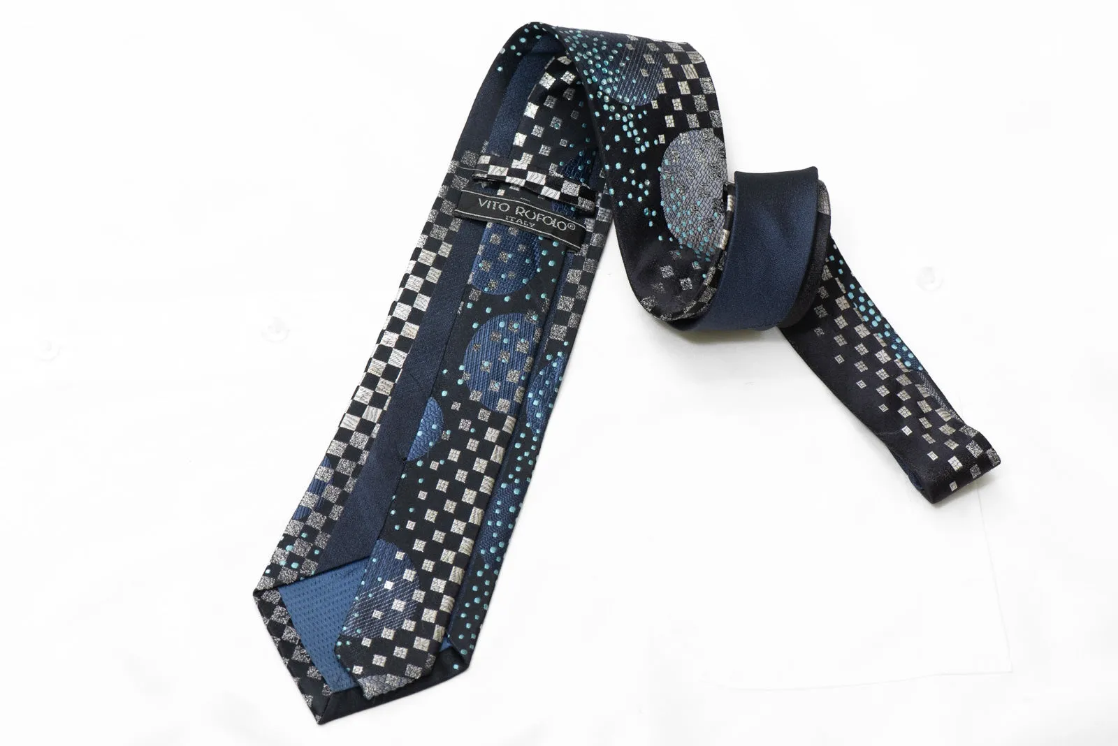 Silver Blue geometric On Navy Rhinestone Silk Tie With Sparkles