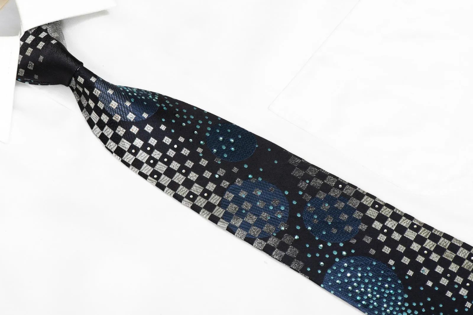 Silver Blue geometric On Navy Rhinestone Silk Tie With Sparkles