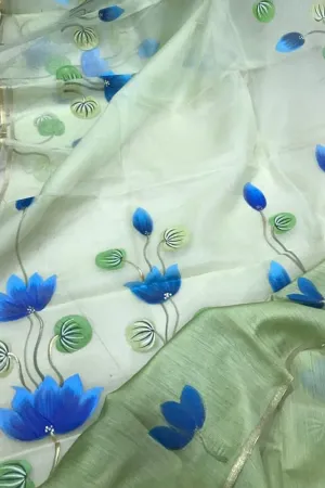Stunning Green Organza Saree with Hand Painted Design and Zari Border