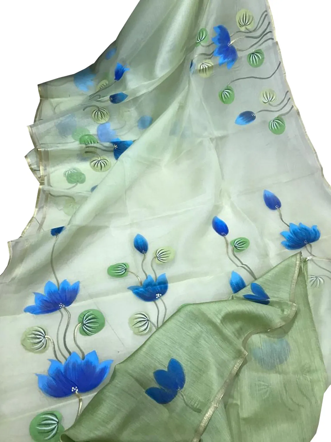 Stunning Green Organza Saree with Hand Painted Design and Zari Border
