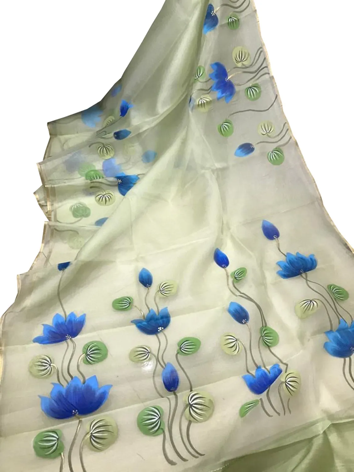 Stunning Green Organza Saree with Hand Painted Design and Zari Border
