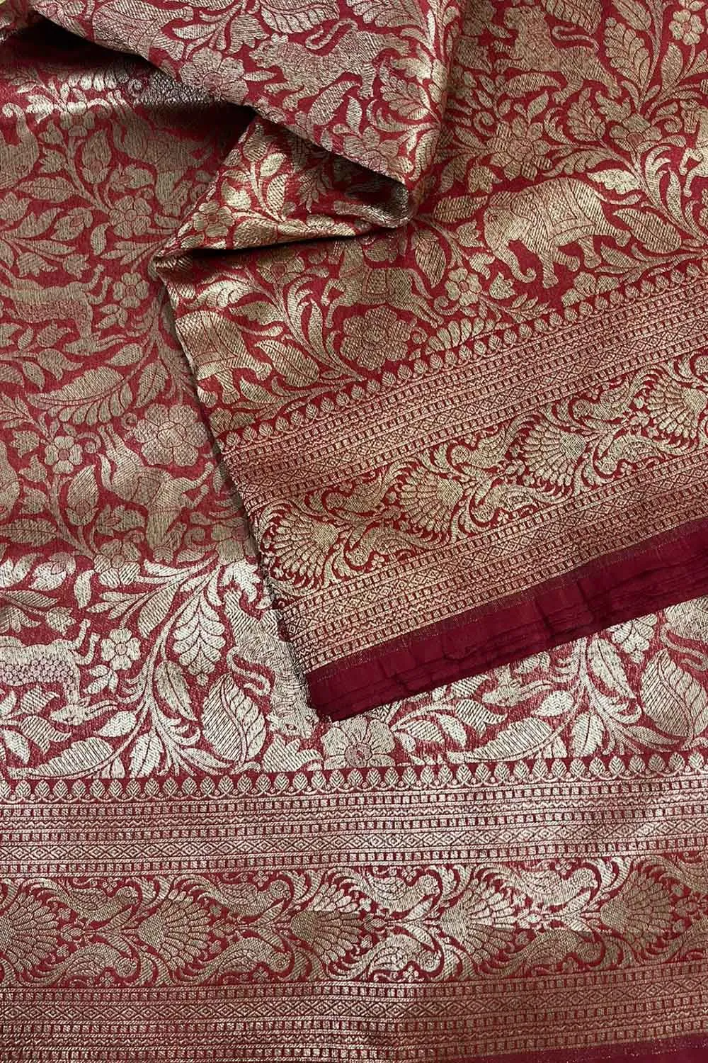 Stunning Red Banarasi Silk Shikargah Saree - Elegant and Timeless