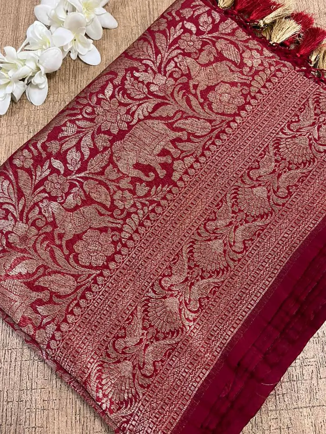 Stunning Red Banarasi Silk Shikargah Saree - Elegant and Timeless