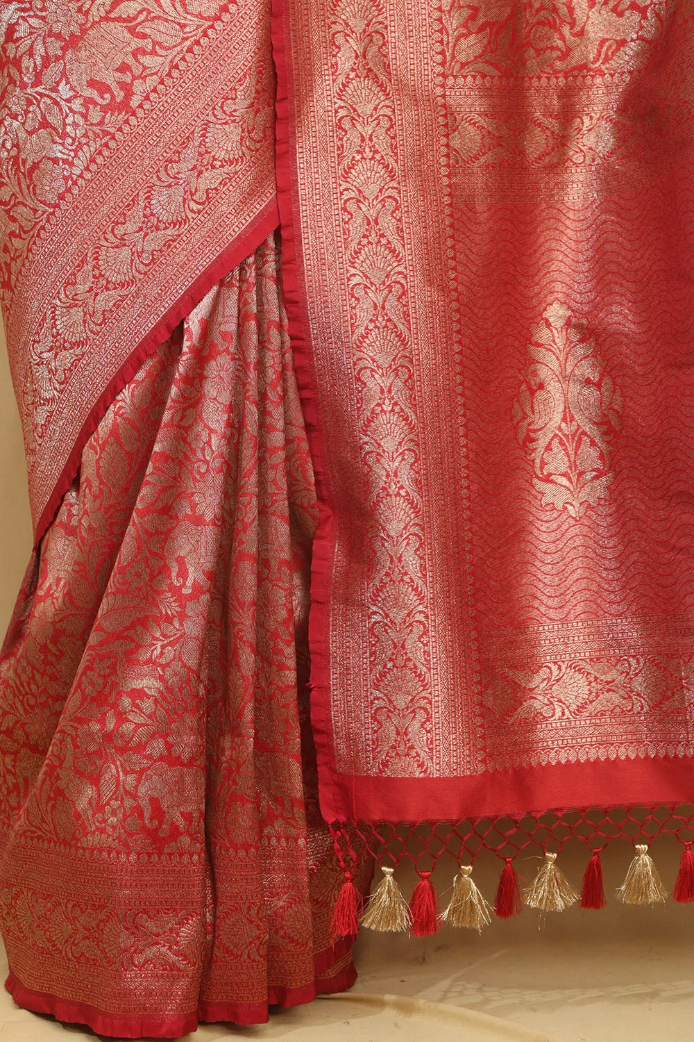 Stunning Red Banarasi Silk Shikargah Saree - Elegant and Timeless