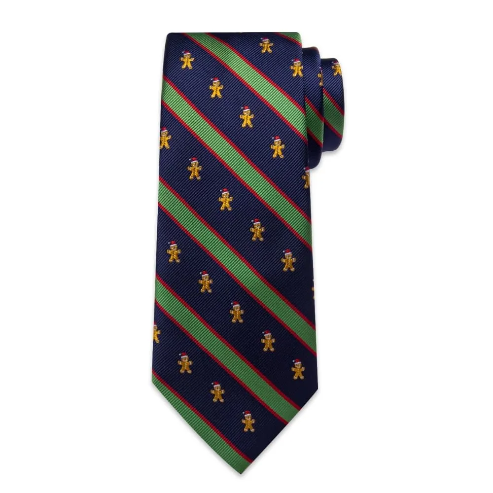 Ties2you Blue Green Striped Christmas Gingerbread Necktie Pocket Square Cufflinks Set