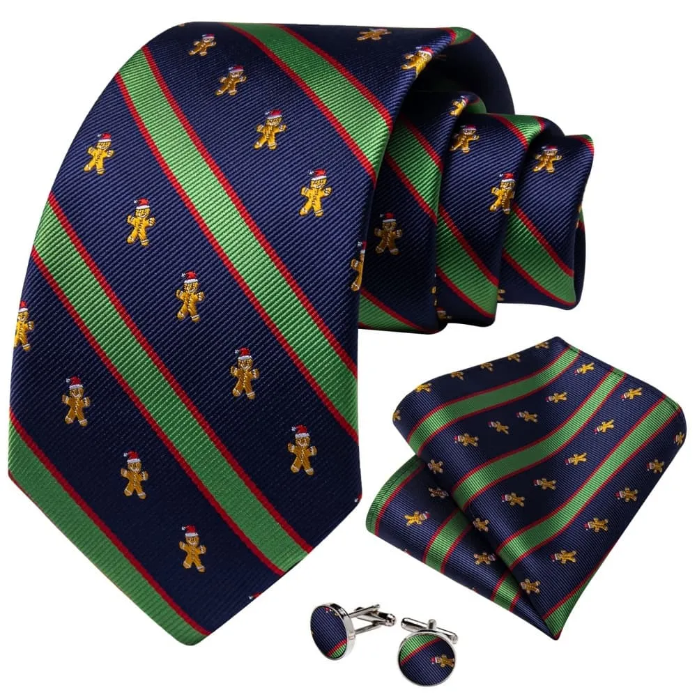 Ties2you Blue Green Striped Christmas Gingerbread Necktie Pocket Square Cufflinks Set