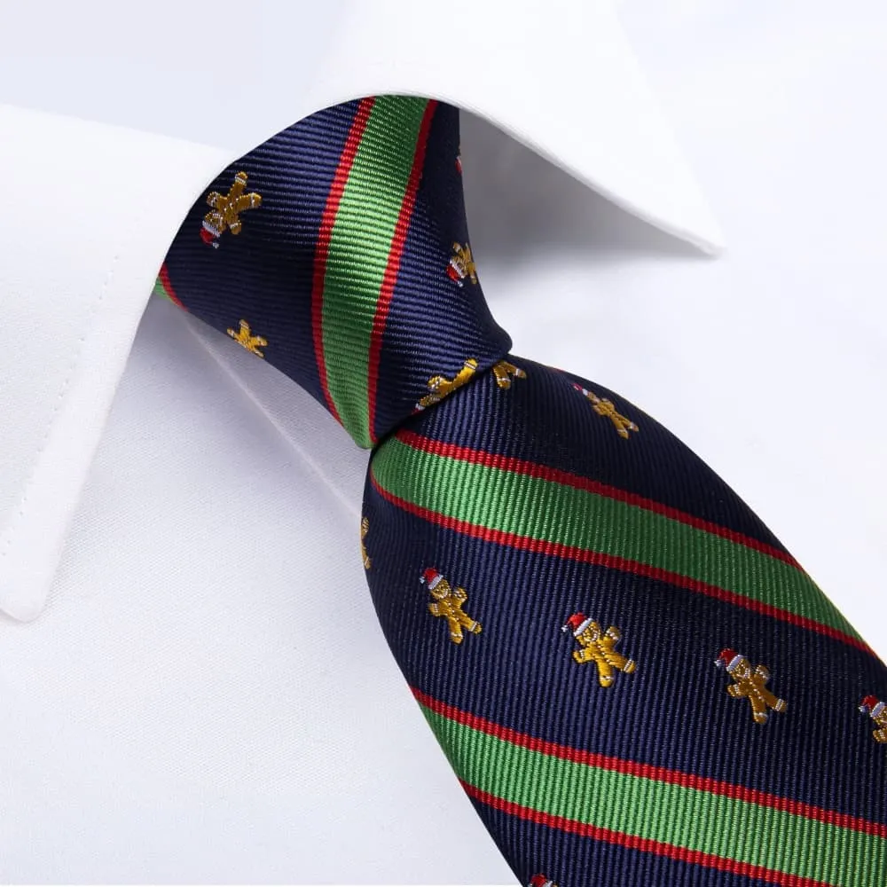 Ties2you Blue Green Striped Christmas Gingerbread Necktie Pocket Square Cufflinks Set