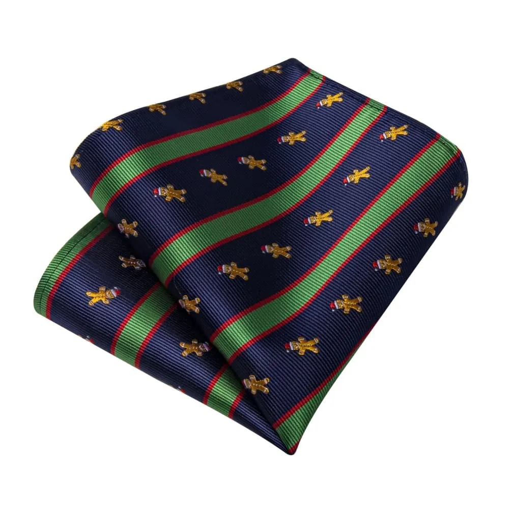 Ties2you Blue Green Striped Christmas Gingerbread Necktie Pocket Square Cufflinks Set