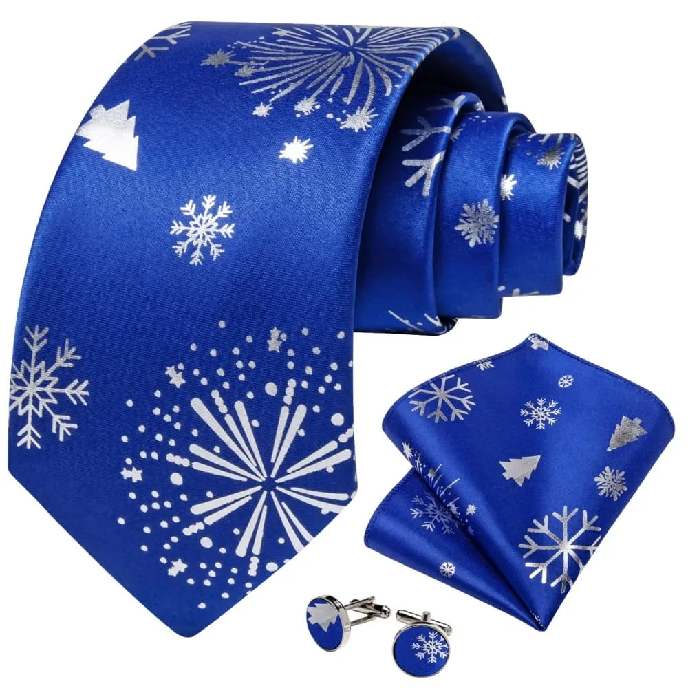 Ties2you Blue White Christmas Snowflake Firework Necktie Pocket Square Cufflinks Set