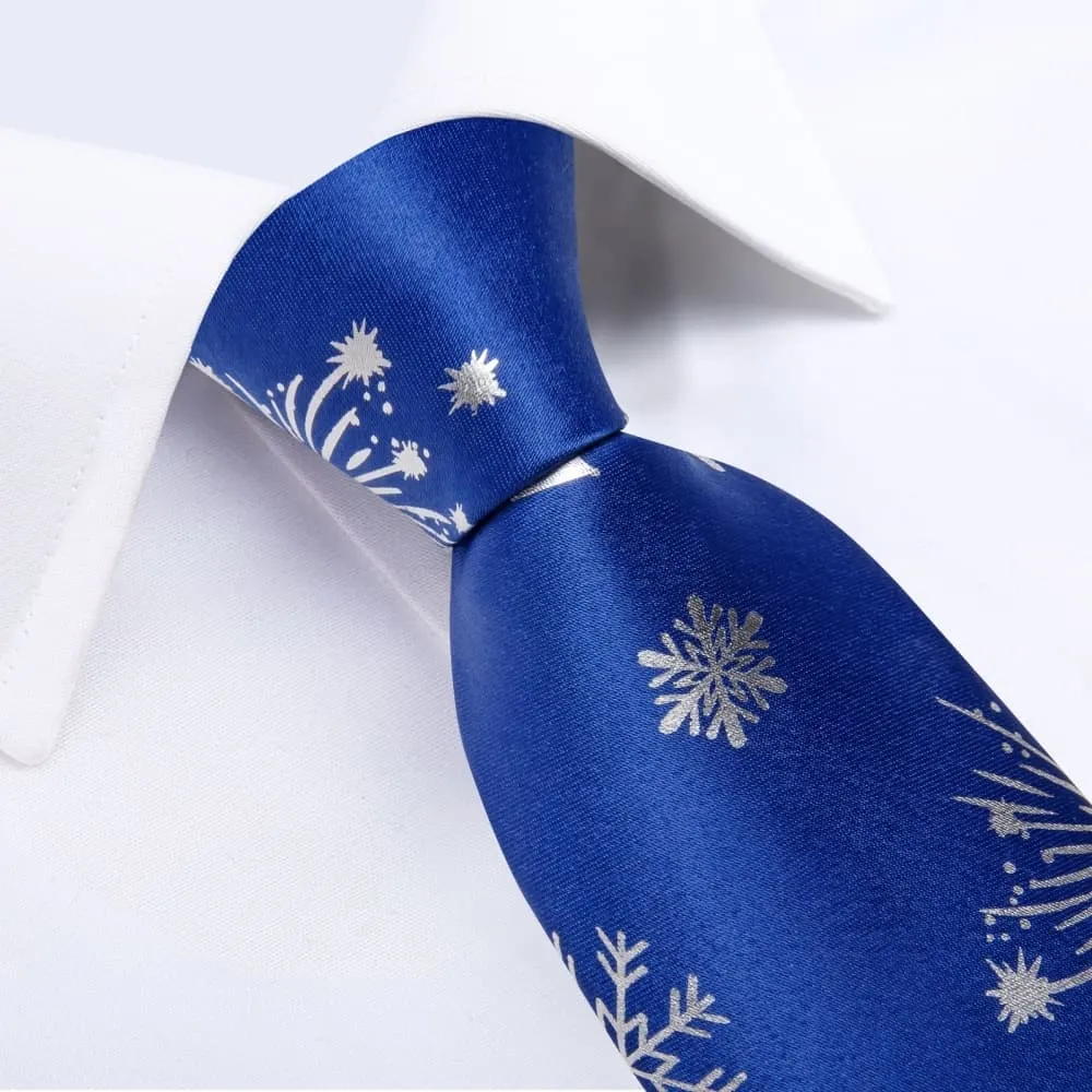 Ties2you Blue White Christmas Snowflake Firework Necktie Pocket Square Cufflinks Set