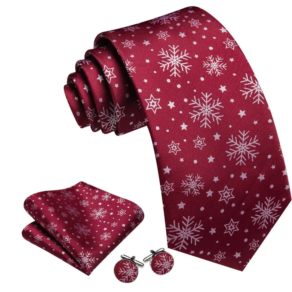 Ties2you Dark Red White Christmas Snowflake Men's Tie Pocket Square Cufflinks Set