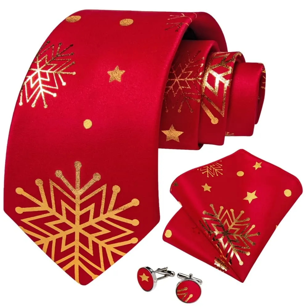 Ties2you Red Gold Christmas Snowflake Necktie Pocket Square Cufflinks Set