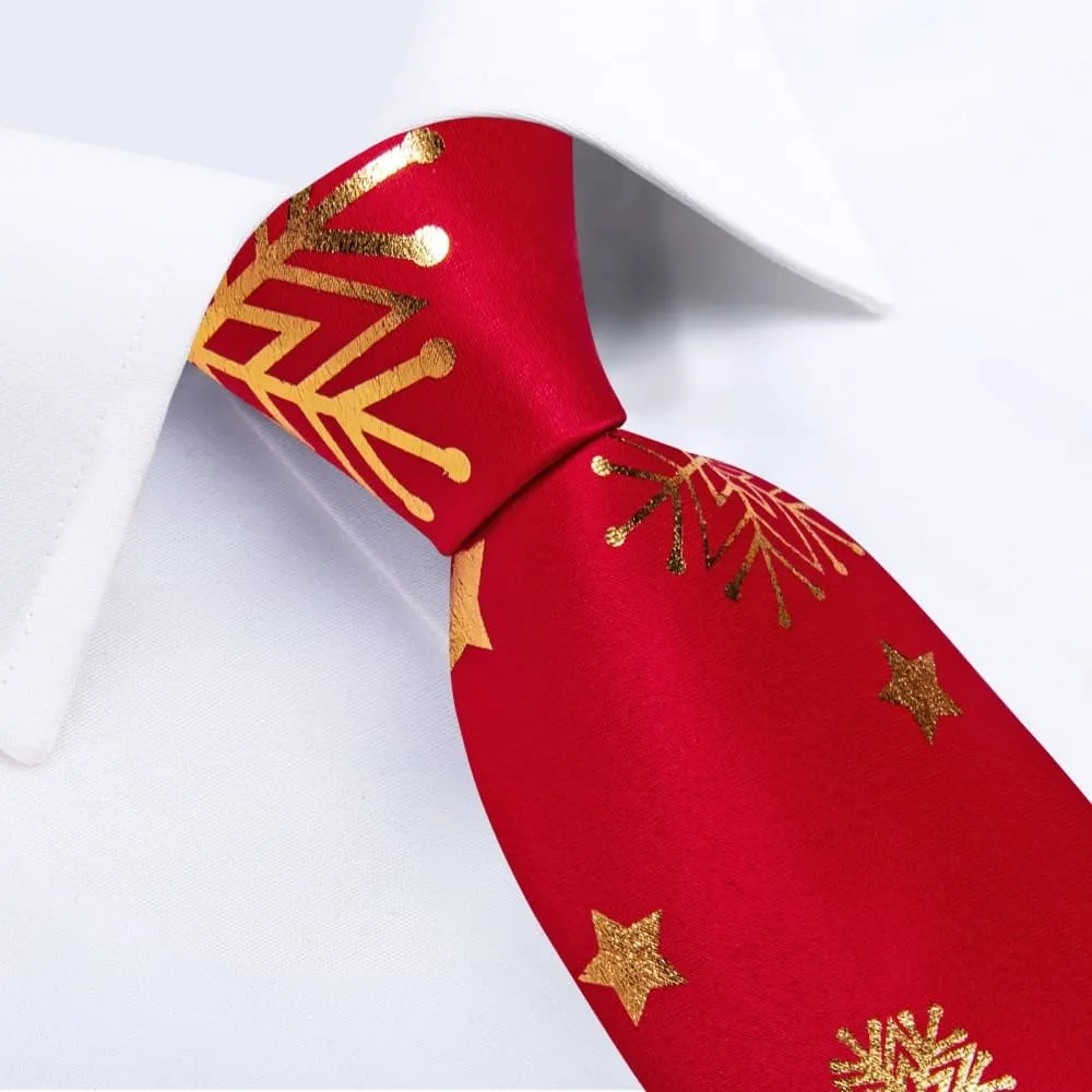 Ties2you Red Gold Christmas Snowflake Necktie Pocket Square Cufflinks Set