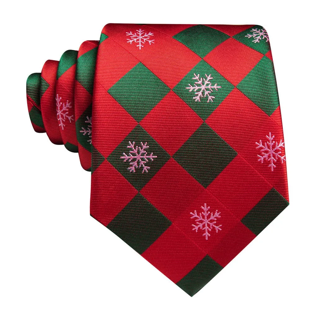 Ties2you Red Green Plaid Christmas Snowflake Men's Tie Pocket Square Cufflinks Set
