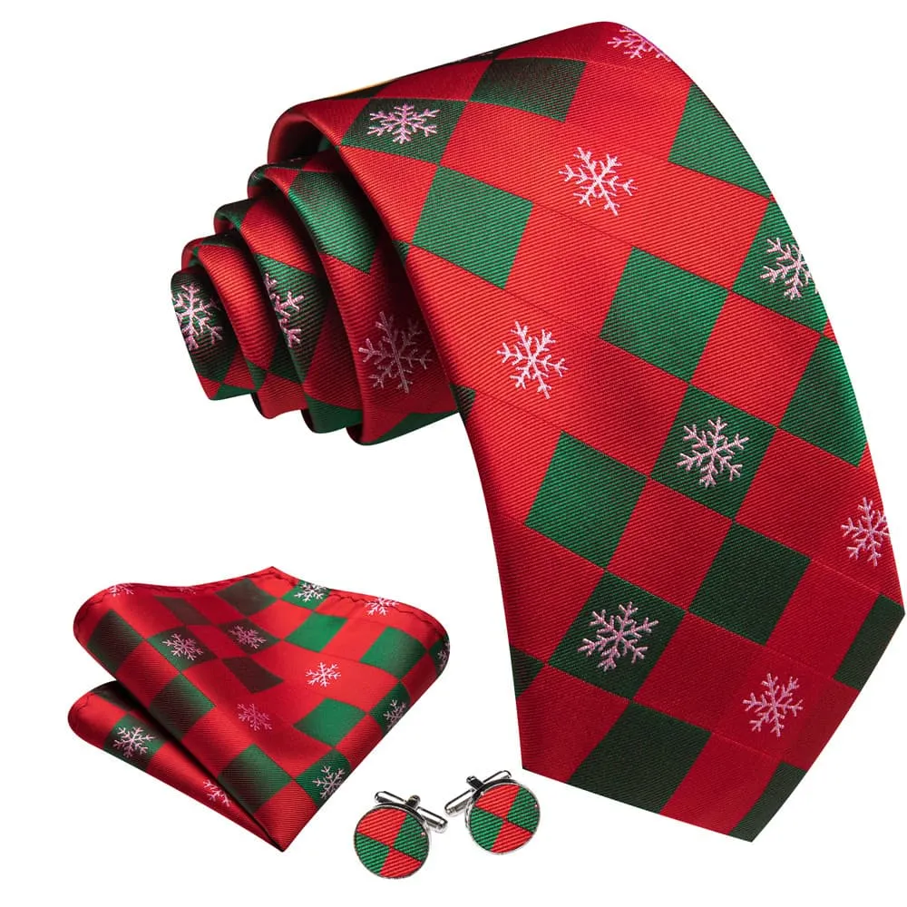 Ties2you Red Green Plaid Christmas Snowflake Men's Tie Pocket Square Cufflinks Set