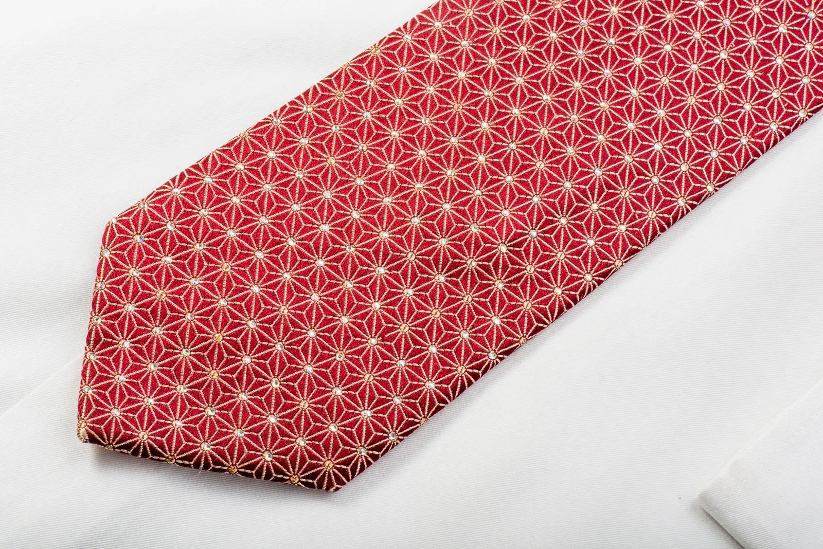 Ungaro Rhinestone Studded Silk Necktie Golden Trellis On Burgundy With Silver Sparkles