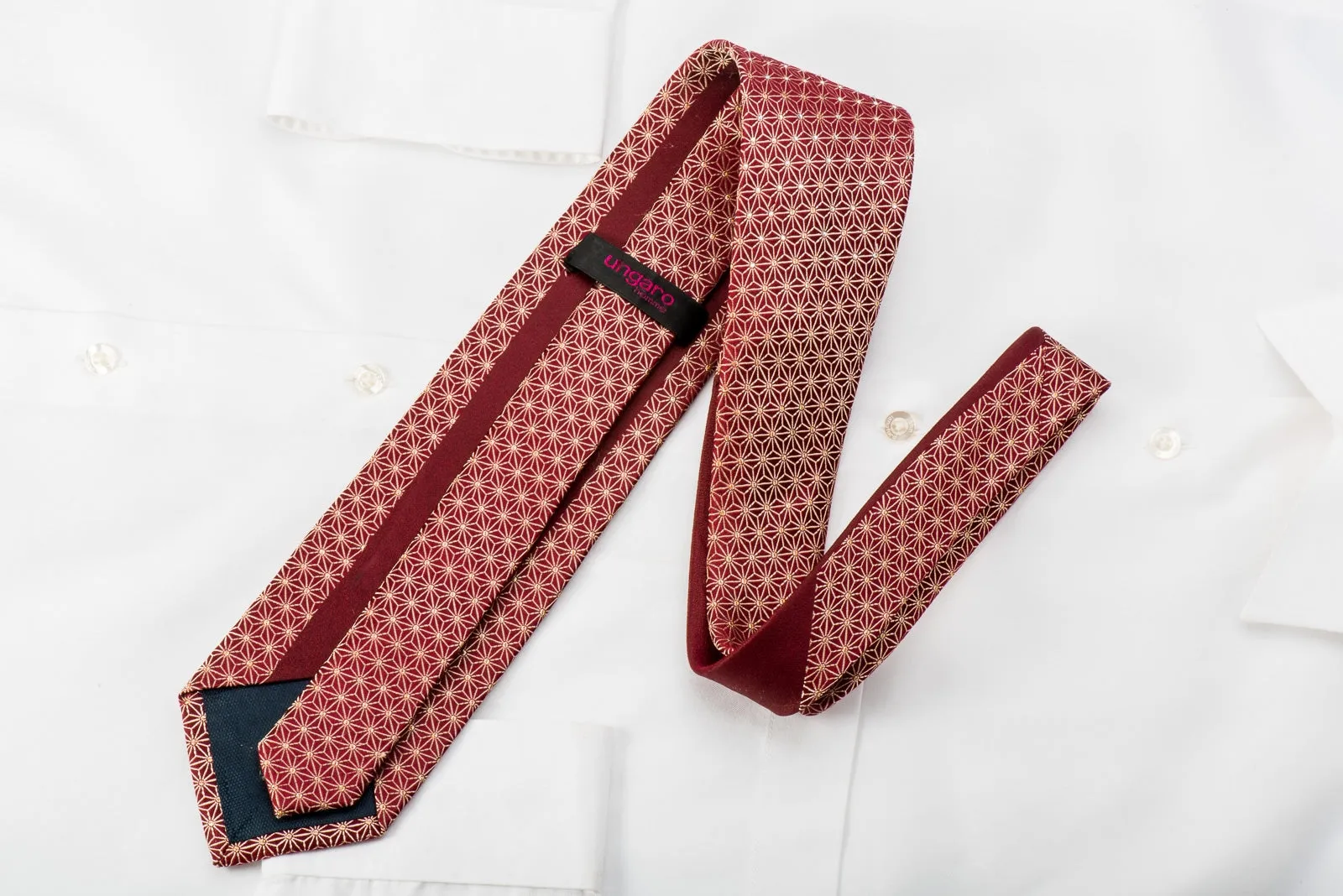 Ungaro Rhinestone Studded Silk Necktie Golden Trellis On Burgundy With Silver Sparkles