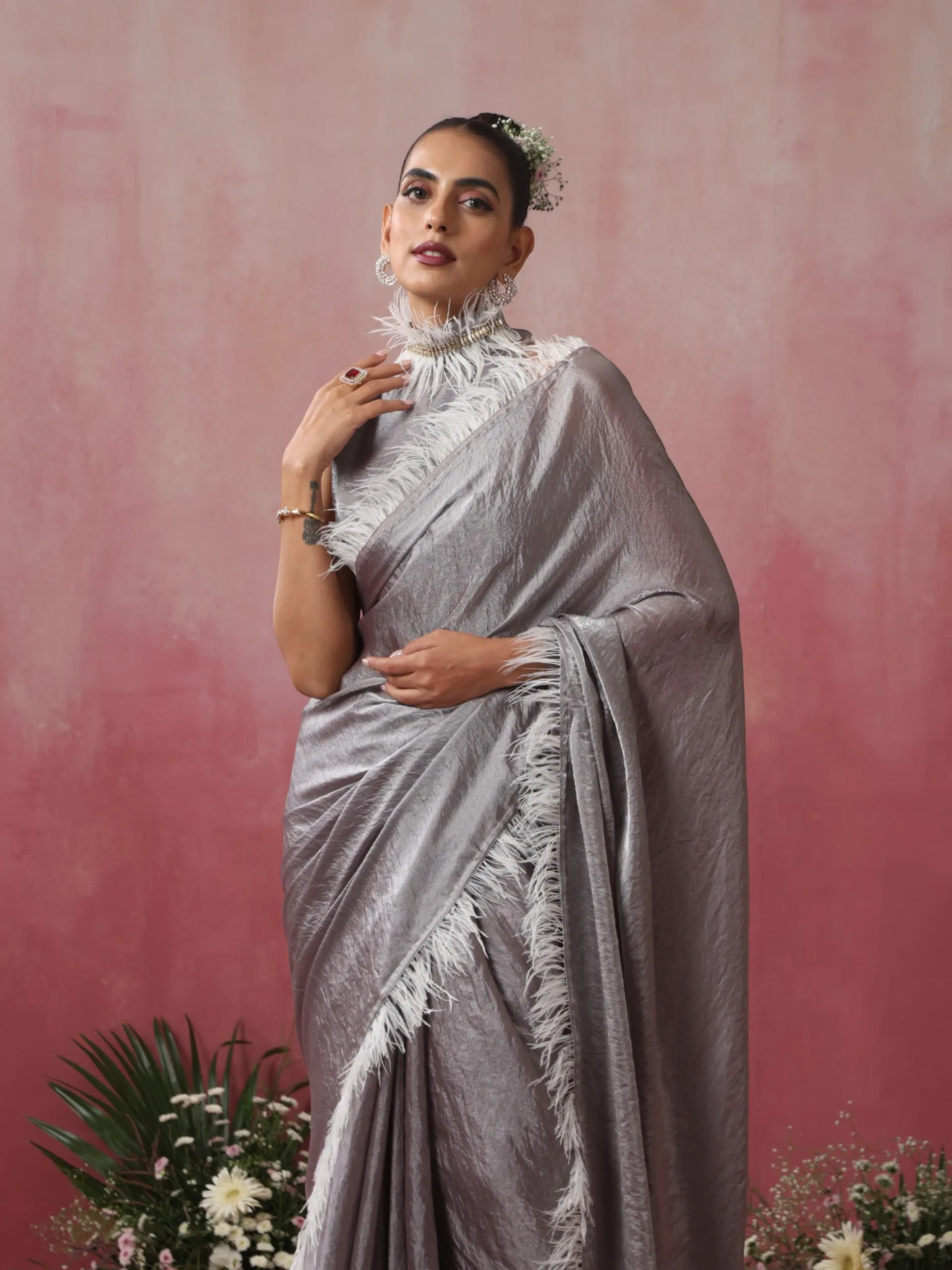 Vegas Grey Lilac Metallic Satin Saree with Fur and Blouse Fabric