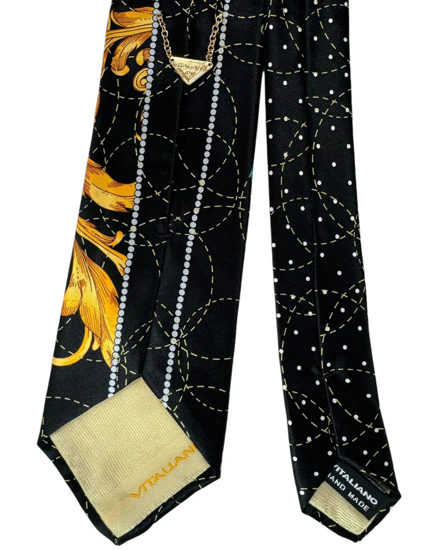 Vitaliano Pancaldi Silk Tie Black Orange Gold Geometric Floral Design