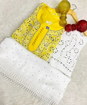Yellow Color Luminous Luxe Lucknawi Chikankari 3 Pc Ensemble