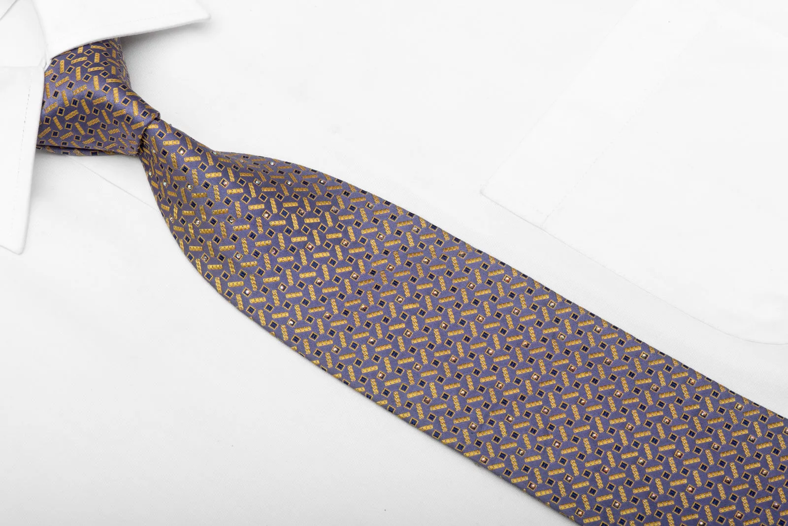 Yellow Geometric On Blue Rhinestone Tie With Silver Sparkles