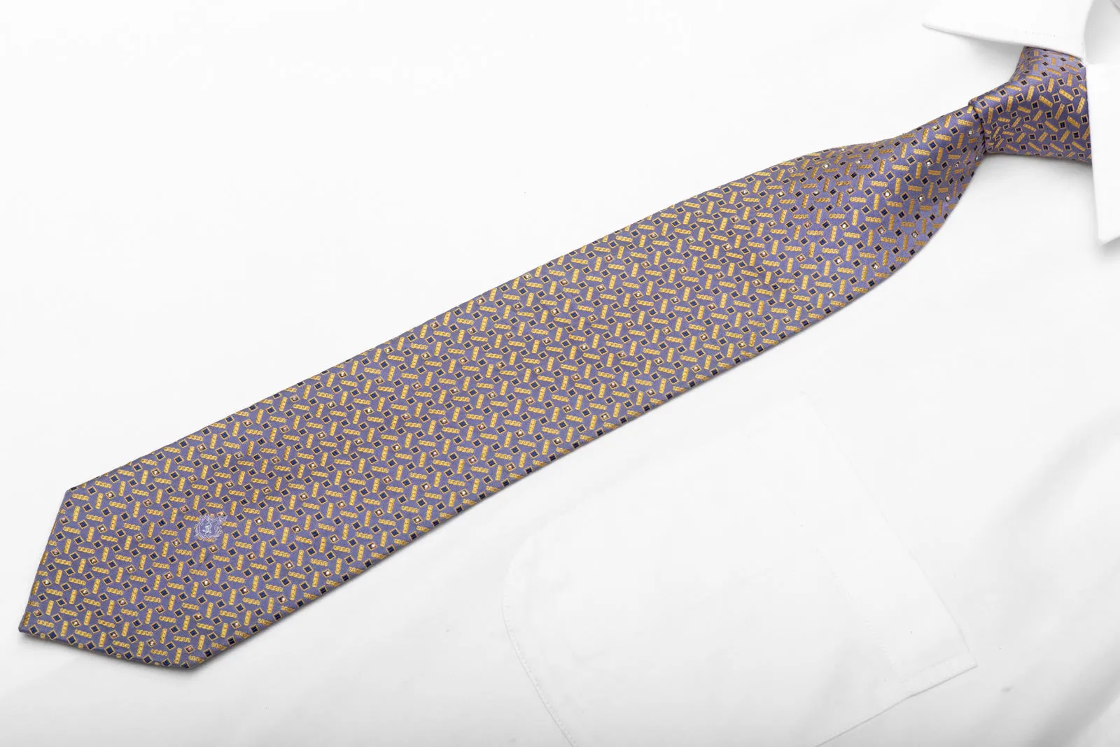 Yellow Geometric On Blue Rhinestone Tie With Silver Sparkles