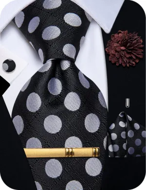 YourTies Men's Tie Black Grey Polka Dots Necktie Brooch Clip Set